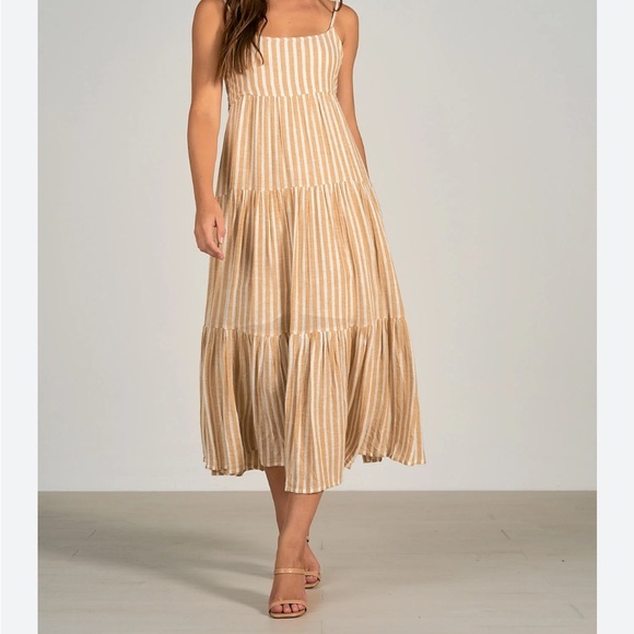 Elan Tan White Sassy Stripe Linen Blend Spaghetti Strap Back Tie Maxi Dress NWT - Picture 2 of 14